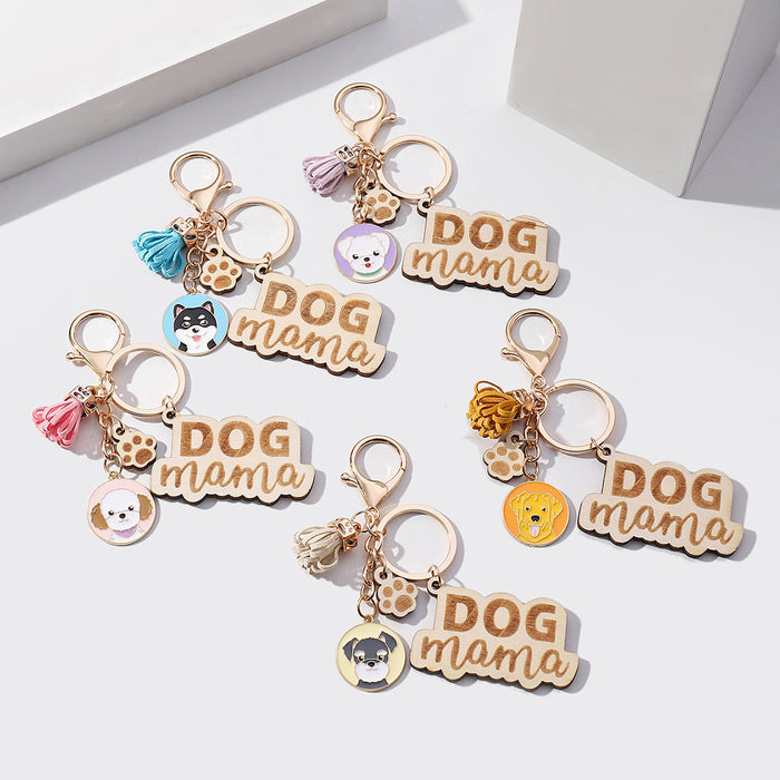 Wholesale English Letters DOG MAMA Mother's Day Tassel Wooden Keychain JDC-KC-RongRui019