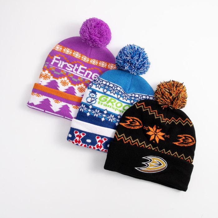 Wholesale 100pcs mix Knitted Jacquard Hat with Customizable Multi-Color Pattern Elastic Encrypted Jacquard Fur Ball Knitted Hat