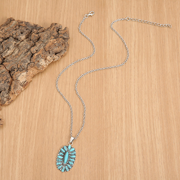 Wholesale Inlaid turquoise pendant necklace, retro exaggerated turquoise short necklace