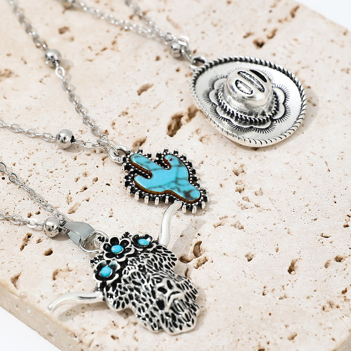 Wholesale Western Denim Style Hat Turquoise Multi-layer Necklace Women' s Vintage Flower Plate All-match Necklace
