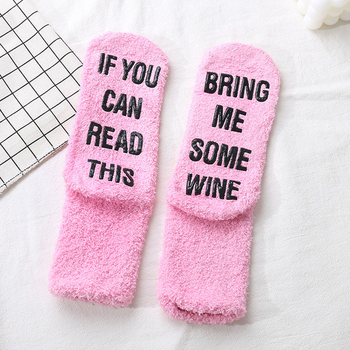 Wholesale Glass socks with adhesive letter design, coral fleece socks that won't fall off, plush socks