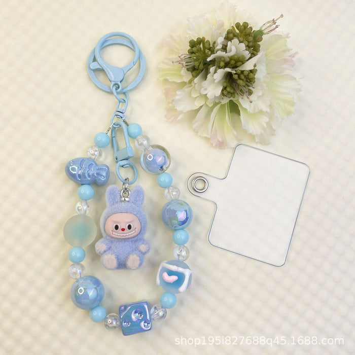 Wholesale Flocking sitting funny colorful beaded mobile phone chain keychain bag doll pendant accessories