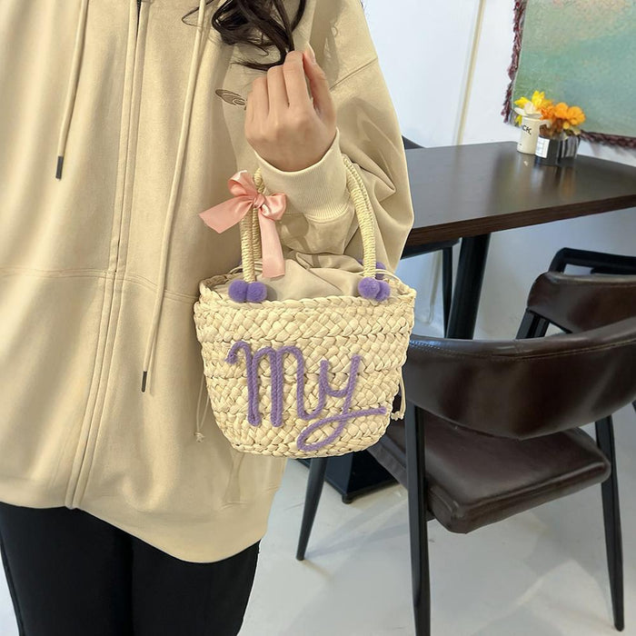 Wholesale Summer Style Summer Simple Girly Style Straw Handbag Candy Color Bow Woven Bag Ready for Beach Travel