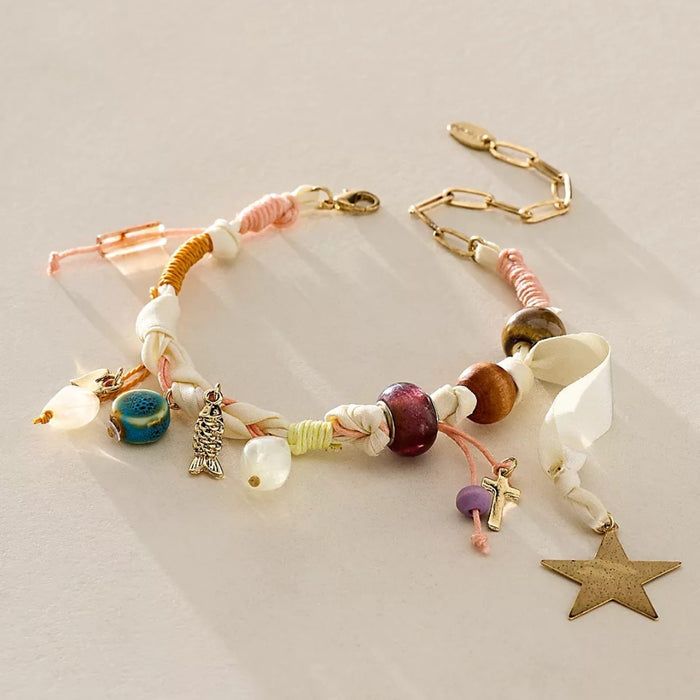 Wholesale ]New Fashion Fabric Bracelet Natural Bead Pendant Fabric Knot Bracelet