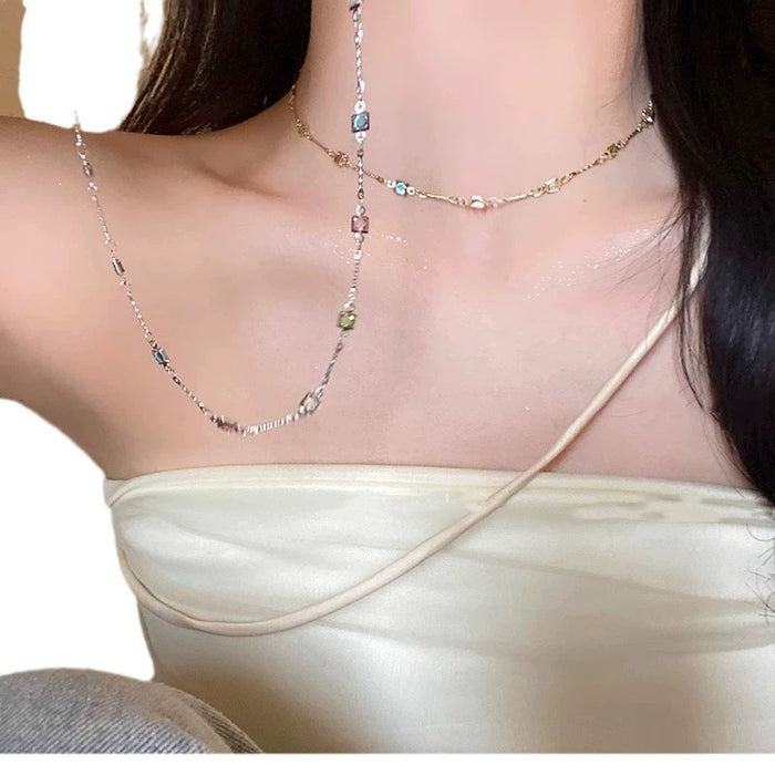 Wholesale Simple and versatile dopamine colored zircon necklace, fashionable and personalized collarbone chain, exquisite and high-end neck chain