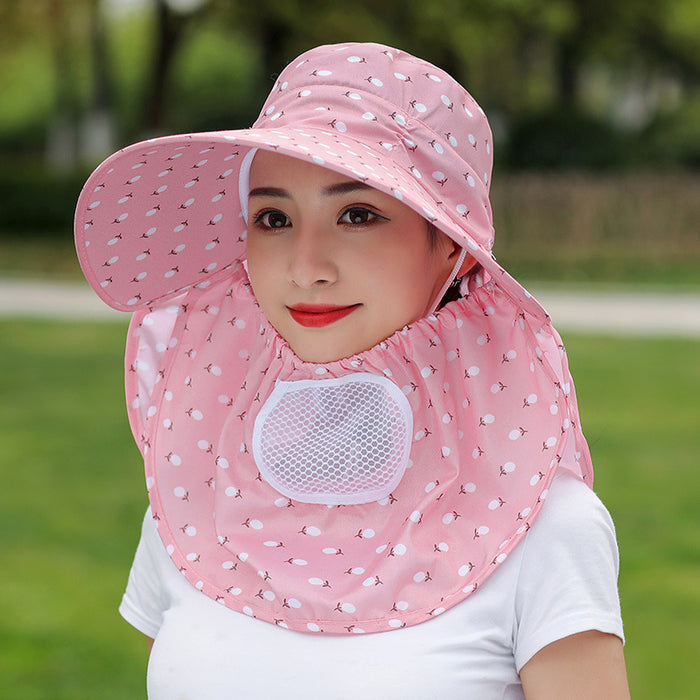 Wholesale Cherry print tea-picking hat, sun hat, sun protection face-covering summer hat