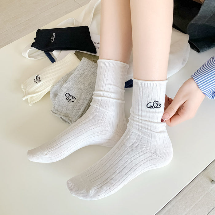 Wholesale Socks, thin, loose mouthed, mid tube, women's socks, embroidered, rolled edges, versatile, stacked, cotton socks