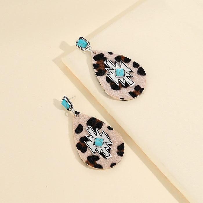 Wholesale Earrings PU Drop Shape Hairy Face Leopard Print Creative Sticky Turquoise JDC-ES-Saip085