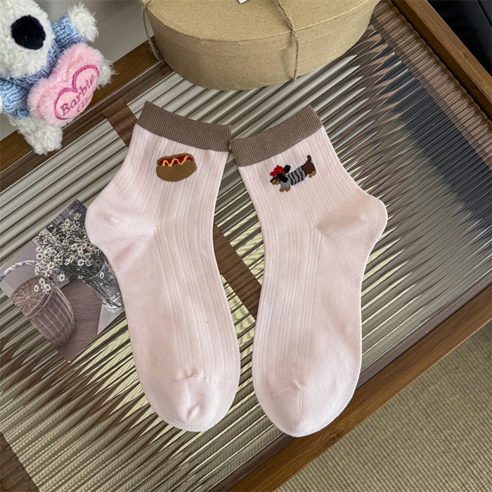 Wholesale Short tube cartoon socks, low cut cotton socks, mid tube socks, color blocked socks
