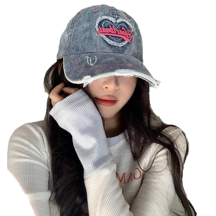 Wholesale Love washed denim baseball cap, retro distressed distressed, wide brim duckbill cap