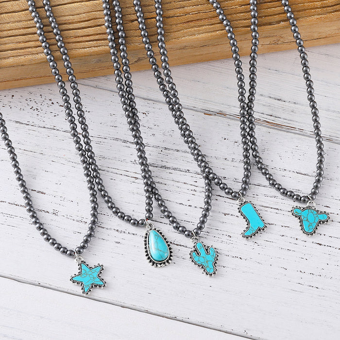 Wholesale Fashionable black round bead necklace for women,  cowboy boots with bull head and five-pointed star ornaments