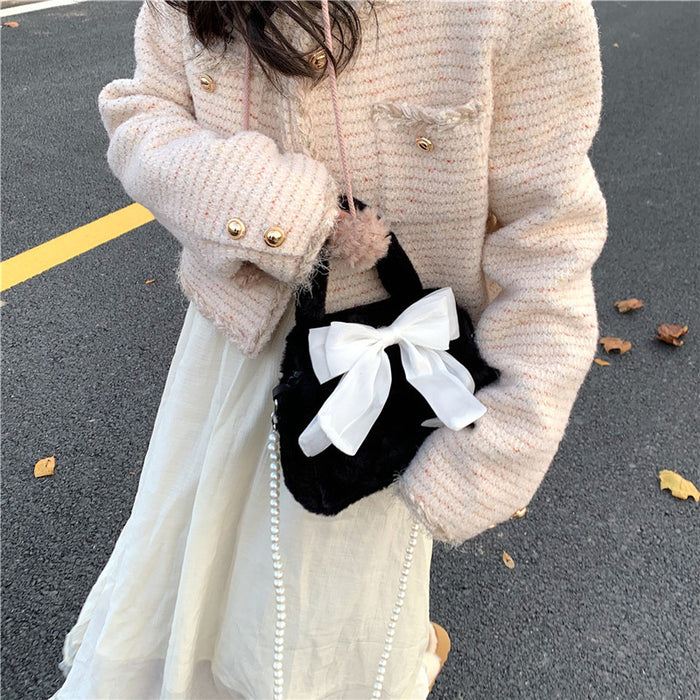 Wholesale Cute Bow New Plush Bag Commuting Plush Plush Pearl Handheld Single Shoulder Crossbody Bag