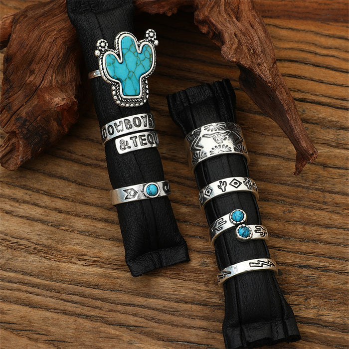 Wholesale Retro Bohemian turquoise cactus carved multi-piece suit ring