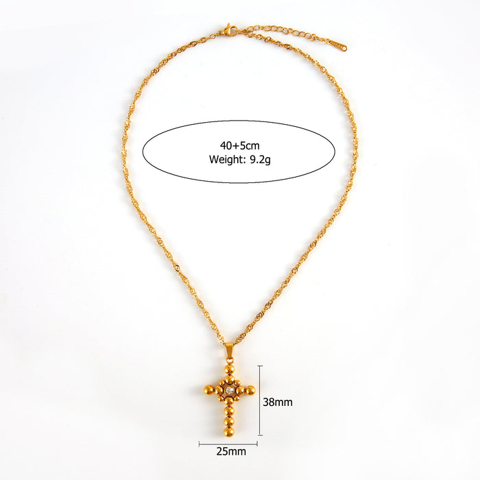 Wholesale New minimalist retro stainless steel round bead cross necklace with zircon light luxury style accessories color preservation wholesale