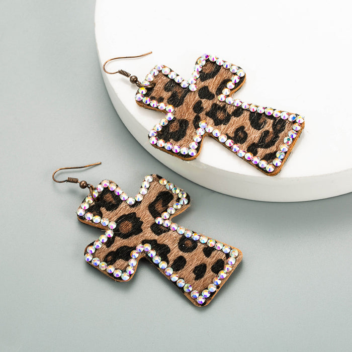 Wholesale Cross-print leather leopard print Statement Earrings
