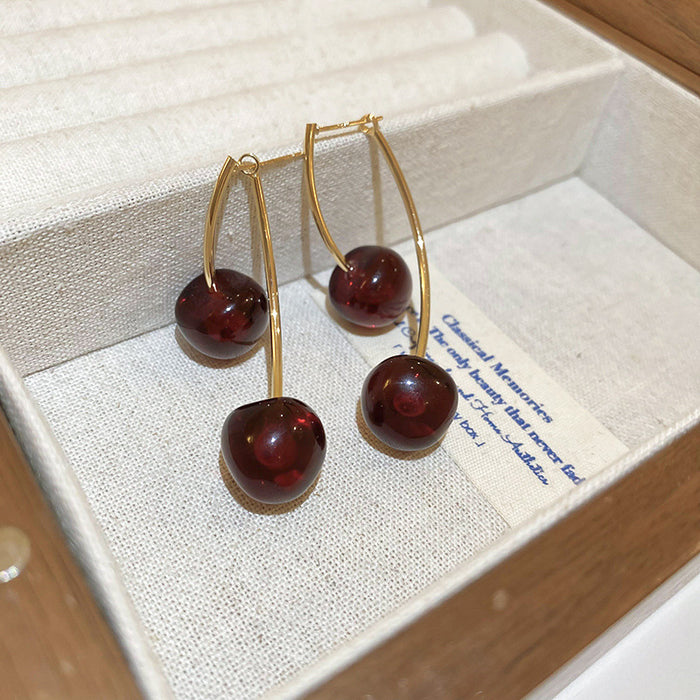 Wholesale dark red resin cherry fruit silver pin earrings high-end earrings women