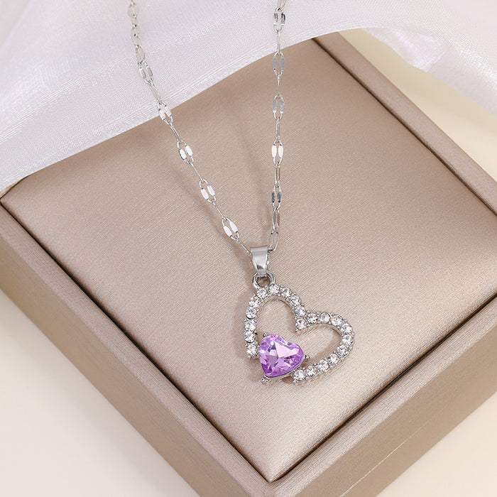 Wholesale Fashion and versatile jewelry with diamond alloy pendant, simple and luxurious double heart necklace