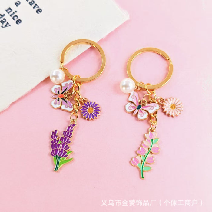 Wholesale Butterfly Flower Keychain Mother' s Day Metal Bag Pendant Exquisite High-end Pearl Flower Gift