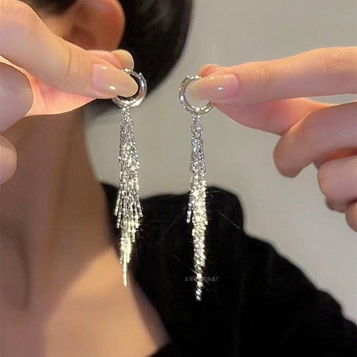 Wholesale Exaggerated Silver Long Metal Tassel Hoop Earrings