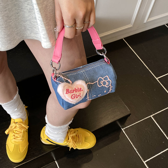 Wholesale Denim Canvas Embroidered Bag  Cute Mobile Phone Bag Crossbody Cylinder Bag