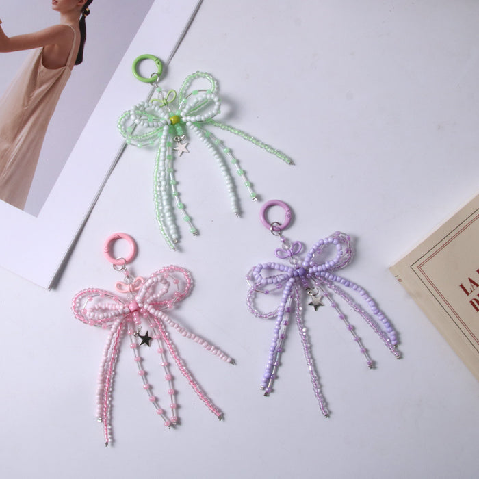 Wholesale Luminous Bead Alloy Bow Beaded Keychain Mobile Phone Chain