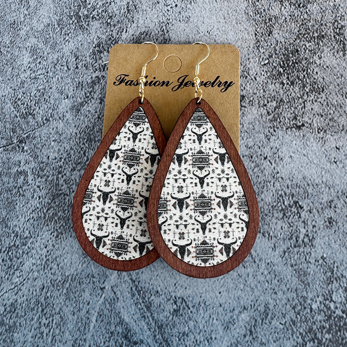 Wholesale Aztec ethnic style wood earrings water drop printing retro texture