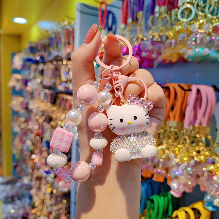 Wholesale Czech Rhinestone Cartoon Cat Keychain Cute Ladies Beaded Bag Charm Phone Pendant Car Key Accessory