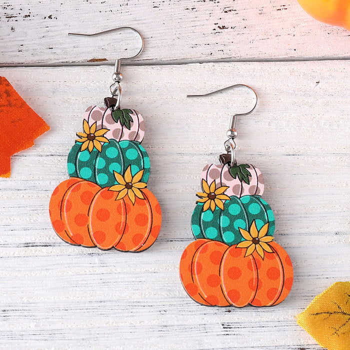 Wholesale Thanksgiving Autumn Harvest Polka Dot Plaid Pumpkin Flower Pendant Earrings Wooden Double-Sided Earrings