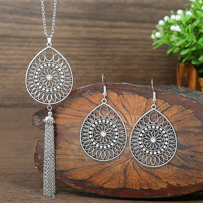 Wholesale Ethnic Geometric Antique Silver Alloy Earring Necklace Set - 4 Styles MOQ≥2