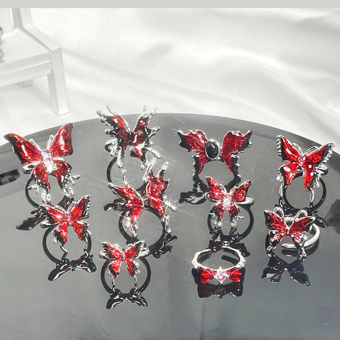 Wholesale Copper Red Enamel Drop Glaze Butterfly Open Ring For Women Stylish Geometric Design Jewelry Accessory Boutique Gift
