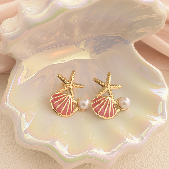 Wholesale Stainless Steel Starfish Shell Pearl Earrings Marine  style Earrings