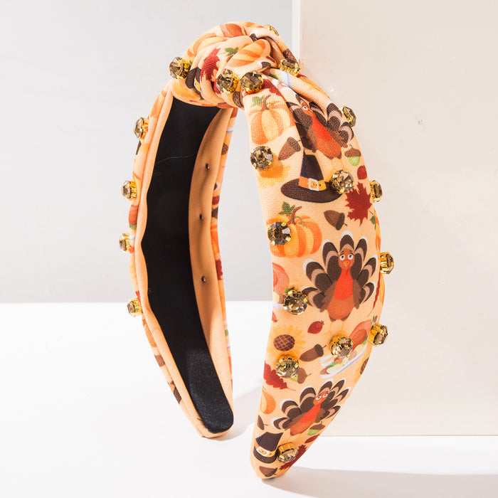 Wholesale Turkey Maple Leaf Rhinestone Printed Wide Edge Knot Hair Headband