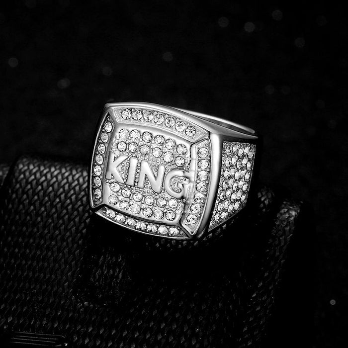 Wholesale Titanium Steel Vacuum Gold Plated Water Diamond KING King Men's Ring JDC-RS-HongX013