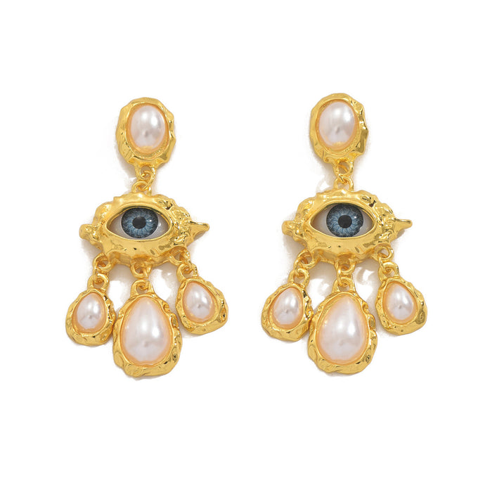 Wholesale Exaggerated personality, Devil's Eye earrings, light luxury, high-end feel, retro niche, pearl droplet earrings