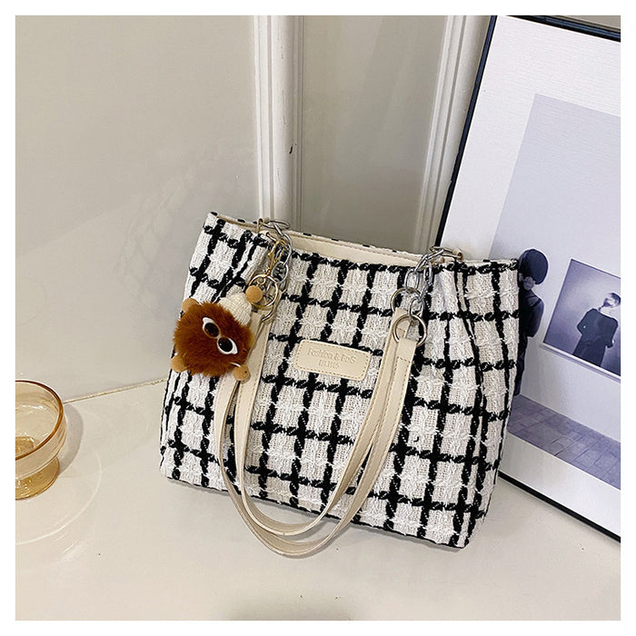 Wholesale Woolen Large Capacity Plaid Ladies Handbag Shoulder Tote Bag JDC-SD-HT024