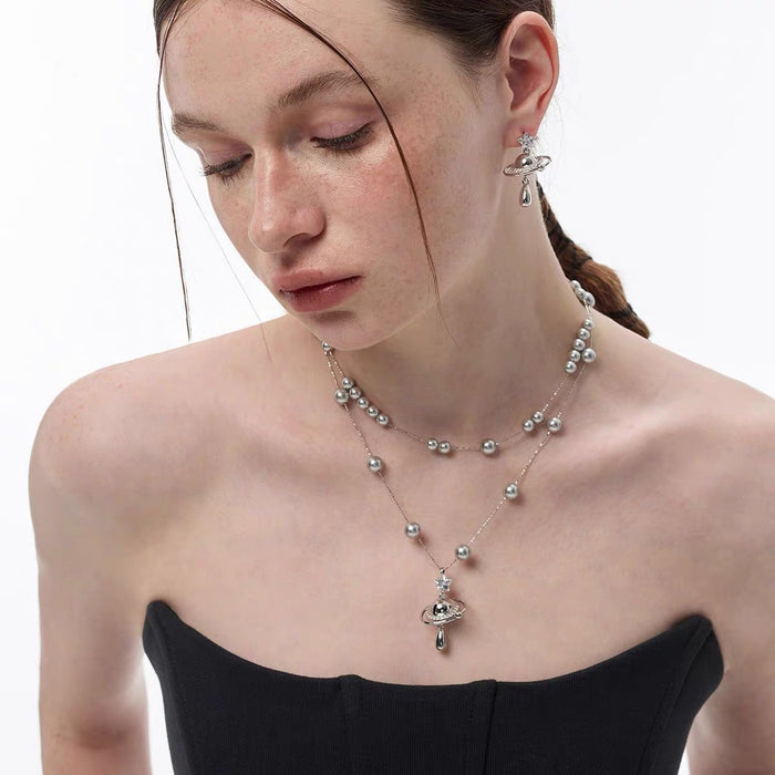 Wholesale Pearl necklace, niche, double-layer collarbone chain, light luxury, commuting, high-end feel