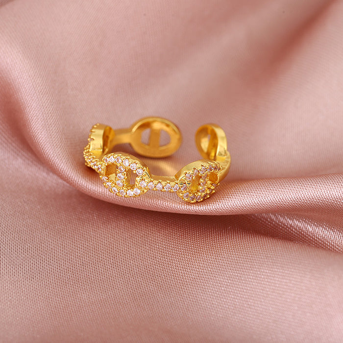 Wholesale Diamond-encrusted Pig Nose Opening Ring Design Sense Finger Ring
