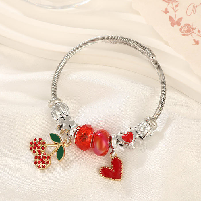 Wholesale Sweet Cherry Beaded Bracelet Stainless Steel Heart Jewelry MOQ≥2