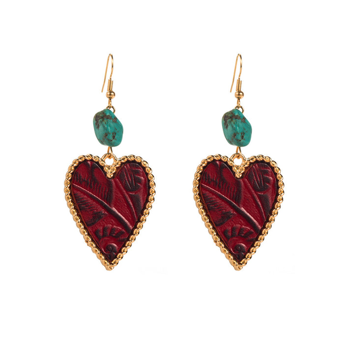 Wholesale Alloy leather printed turquoise heart earrings
