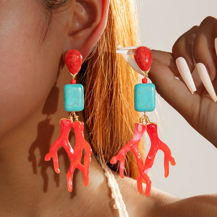 Wholesale Fashionable and personalized turquoise earrings, geometric acrylic coral pendant earrings, and earrings