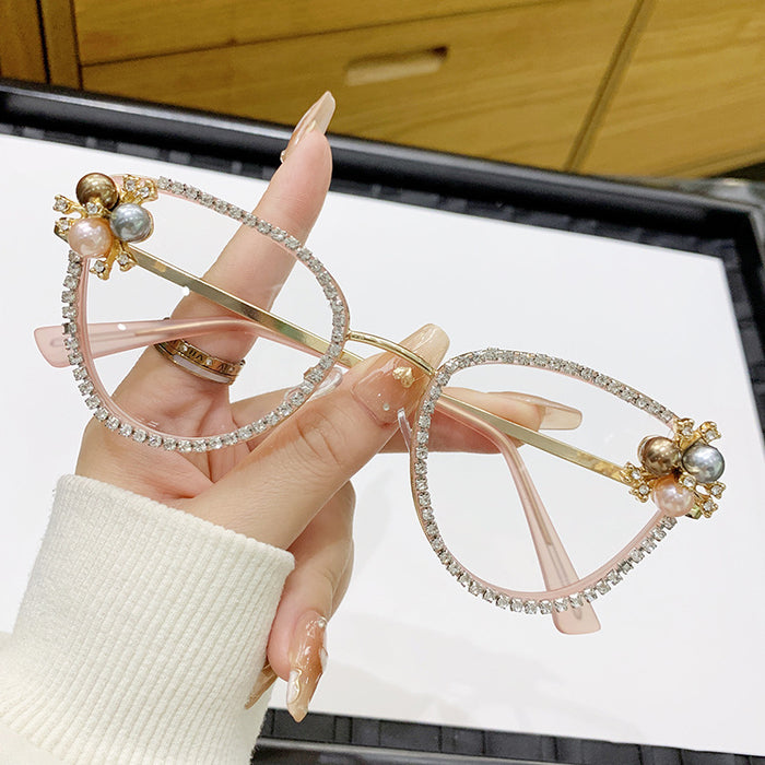 Wholesale Flat lens anti blue light large frame inlaid with diamonds and pearls, elegant and fashionable high-end frame glasses