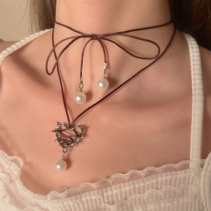Wholesale Thorns Love Wrap Ribbon Pearl Pendant Alloy Necklace JDC-NE-MiaoYa003