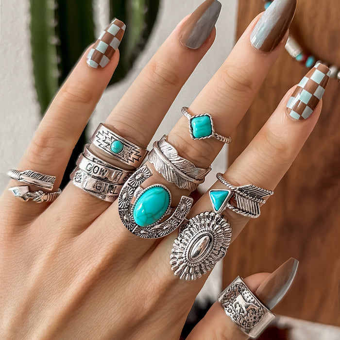 Wholesale Western cowboy retro style turquoise ancient silver arrow feather horse ring multi-element imitation gemstone ring for women