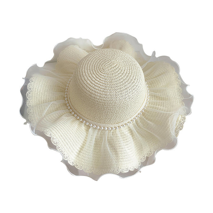 Wholesale Lace straw hat with large brim, outdoor UV resistant straw woven sun hat