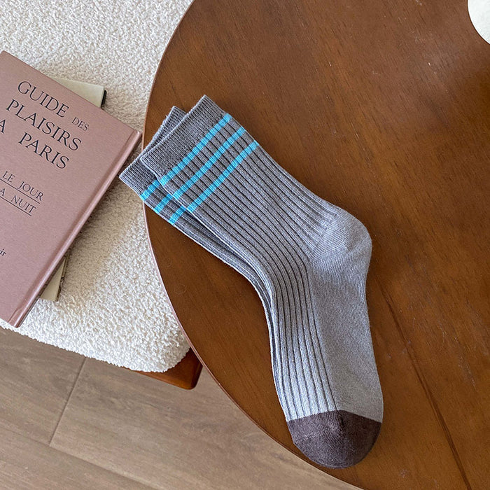 Wholesale Socks with double needle contrasting stripes, mid tube stacking, versatile socks
