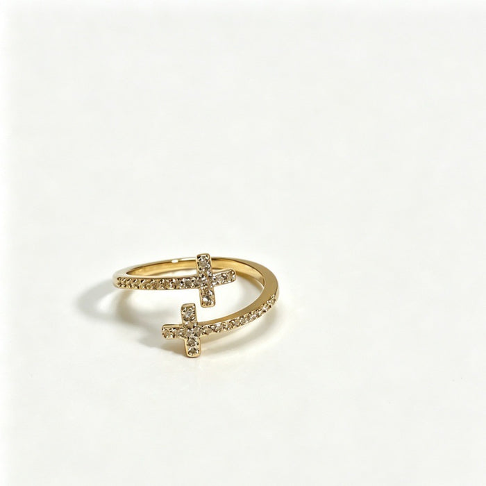 Wholesale Gold Plated Double Cross Zircon Ring Adjustable Unisex Fashion Accessory