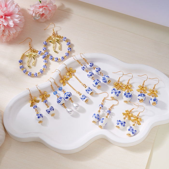 Wholesale Floral Bow Earrings Jewelry Ceramic Pendant Tassel Earrings
