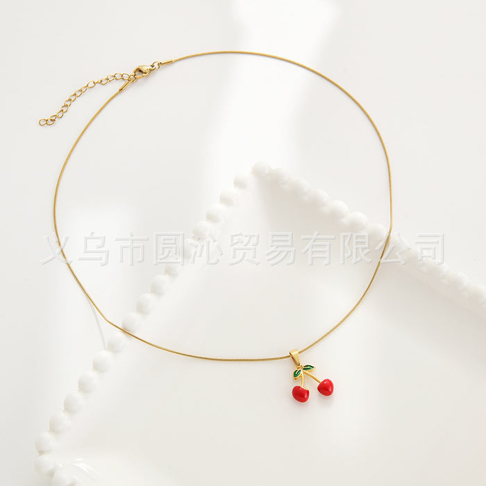Wholesale Sweet fruit series strawberry cherry oil drop pendant stainless steel earrings necklace jewelry suit
