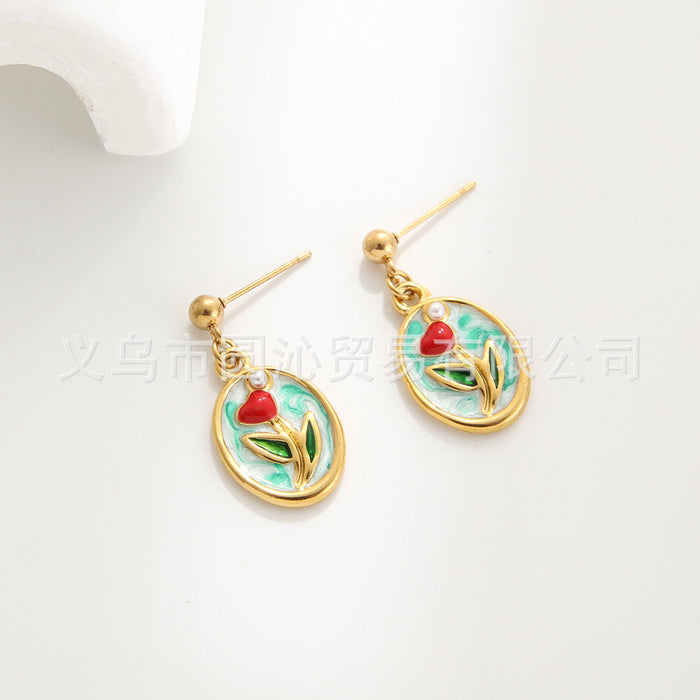 Wholesale Oil Painting Flower Pendant Earrings Necklace Set Versatile Stainless Steel Oil Dripping Double Layer Clavicle Chain