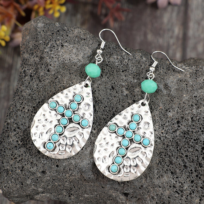 Wholesale Drop-Shaped Hammered Bohemian Earrings Inlaid with Synthetic Turquoise Cross Earrings